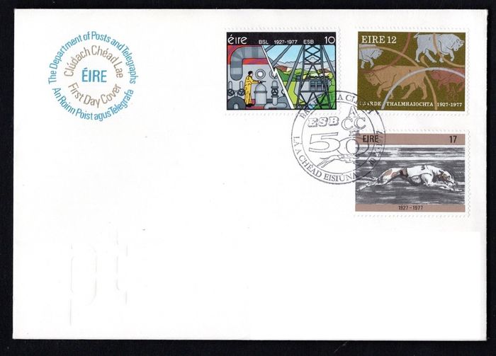 1977 Ireland Golden Jubilees: Electricity Supply Board (ESB); Agricultural Corporation, Greyhound Track Racing in Ireland Commemorative Stamps Department of Post and Telegraphs address Cover (FDC)