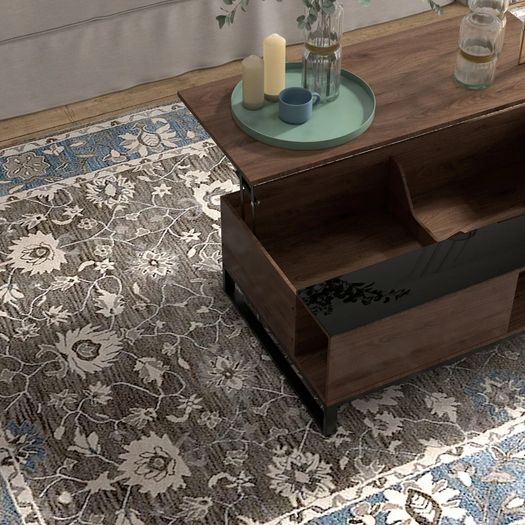 Side table with lift function, hidden storage compartment, walnut wood-effect, steel frame, 102 x 58 x 35.5 cm