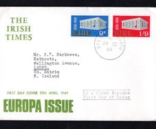 1969 Ireland Europa (CEPT) Commemorative Stamp Illustrated Addressed The Irish Times First Day Cover (FDC) with Baile Atha Cliath (Dublin) cancel