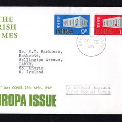 1969 Ireland Europa (CEPT) Commemorative Stamp Illustrated Addressed The Irish Times First Day Cover (FDC) with Baile Atha Cliath (Dublin) cancel