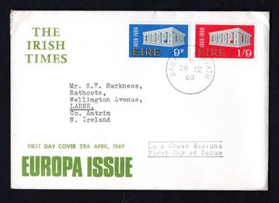 1969 Ireland Europa (CEPT) Commemorative Stamp Illustrated Addressed The Irish Times First Day Cover (FDC) with Baile Atha Cliath (Dublin) cancel