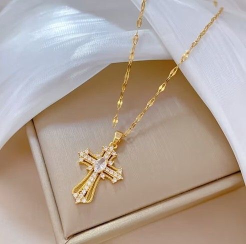 Cross Crucifix Crystal Gold Tone Pendant Necklace