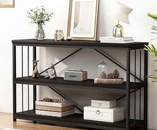 Black Sofa Table, Modern Metal Wood Entryway Console Table, Industrial 3 Tier Foyer Hallway Tables Behind Couch for Living Room, Black Oak,120cm