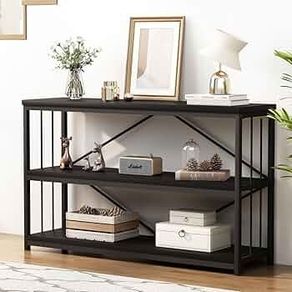 Black Sofa Table, Modern Metal Wood Entryway Console Table, Industrial 3 Tier Foyer Hallway Tables Behind Couch for Living Room, Black Oak,120cm