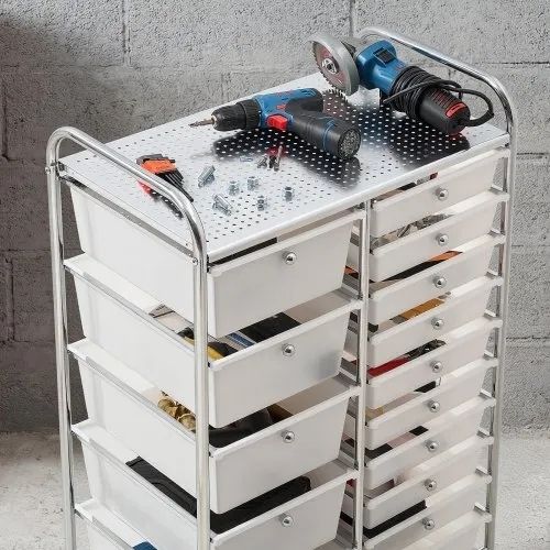 Rolling Cart with Drawers, Double Row 15 Drawer Storage Organizer, Mobile Utility Cart with Chrome Steel Frame, Universal Casters & 2 Brakes, for Office, Classroom, Craft Room, Studio, Garage