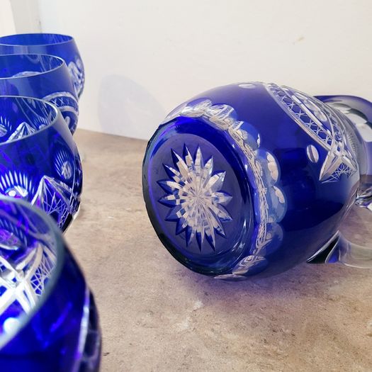 Bohemian Bristol blue cut glass jug & glasses