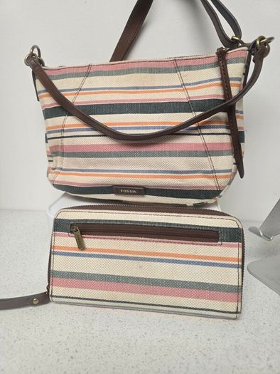 Fossil Striped Canvas & Leather Hobo Bag + Matching Zip Wallet Set