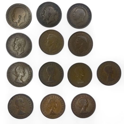 British Half Penny Coin Collection - 13 Coins
