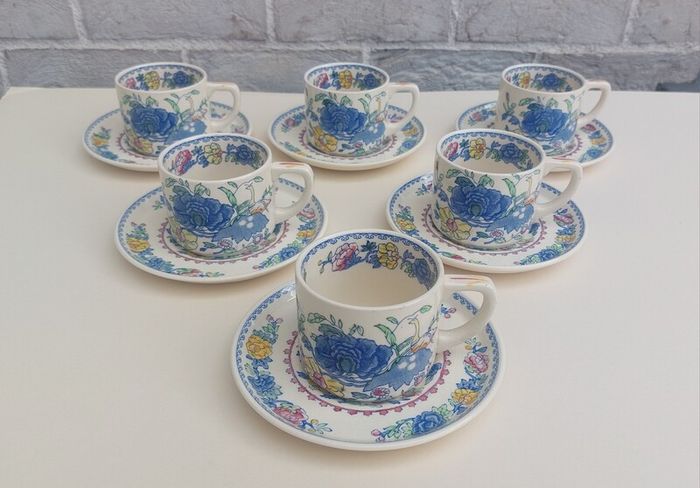 Beautiful and Rare Masons Patent Ironstone Set of Six Straight Sided Coffee/Tea Cup and Saucer Duos in the Regency Pattern, Circa 1950
