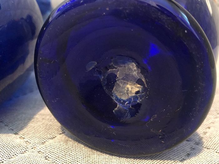 Czech Crystalex Cobalt Blue Vase Hand Painted White Flowers Vintage