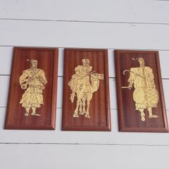 3 vintage handcrafted wooden wall plaques with inlaid wood design middle east or Asian style
