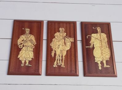 3 vintage handcrafted wooden wall plaques with inlaid wood design middle east or Asian style