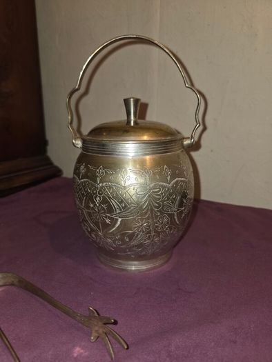 Antique silver plate sugar bowl with tongs