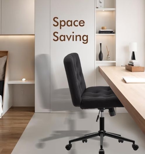 Mid-Back Cross-legged Desk Chair, Vanity Chair Dressing Table With Armless Seat for Home Office, Living Room, Bedroom Black