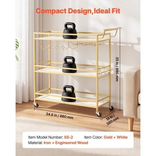 Bar Cart, 3 Tiers Home Kitchen Serving Carts, Modern Rolling Utility Station on Wheels, Mobile Drink Beverage Trolley with Wooden Shelf, Wine Rack, and Glass Holder, 910x330x935mm, Gold