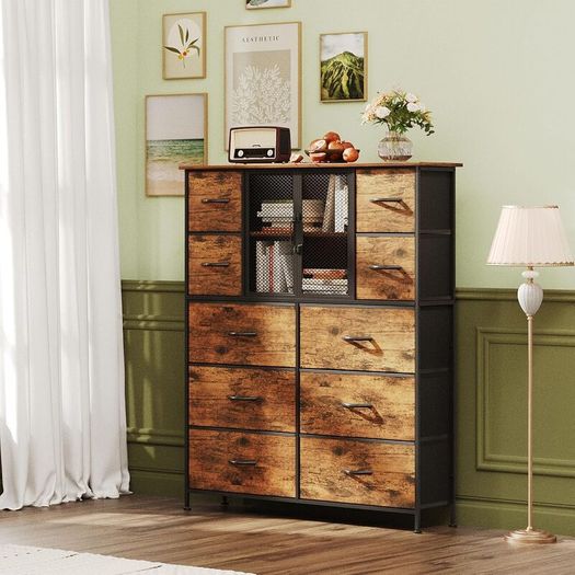 10 Drawers Dresser with Mesh Doors, Fabric Chest of Drawers for Bedroom, Sturdy Metal Frame Storage Cabinet