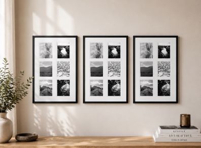 3 Black 6 Photo Gallery Picture Frames with White Mount for 6 pictures