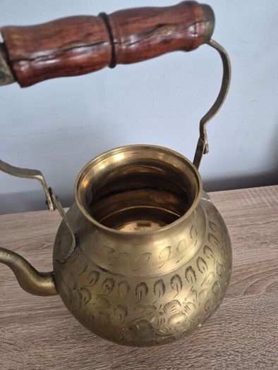 Vintage Etched Brass Teapot with Wooden Handle, Decorative Gold Teapot
