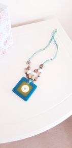 Necklace with Square Pendant and Coloured Beads