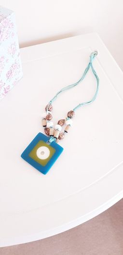 Necklace with Square Pendant and Coloured Beads