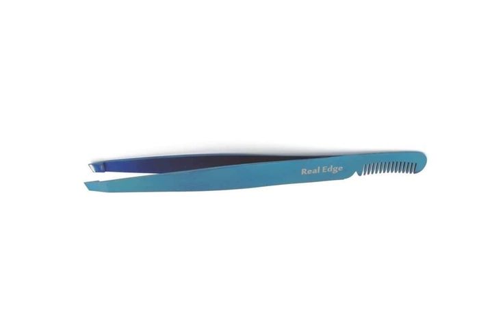 Professional Eyebrow Tweezers with Comb ingrown Hair Plucker Eyelashes Extension Placer Slanted tip Depletion Tool Plucking Tweezers Personal Grooming Instruments Stainless Steel from Real Edge (Blue)