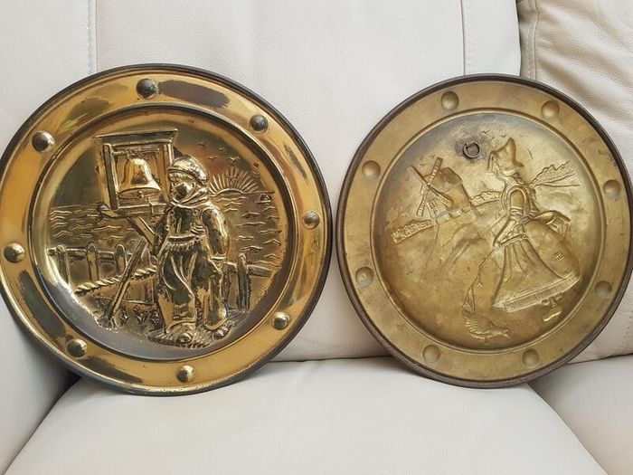 Pair of Vintage Brass Circular Embossed Plate Plaques