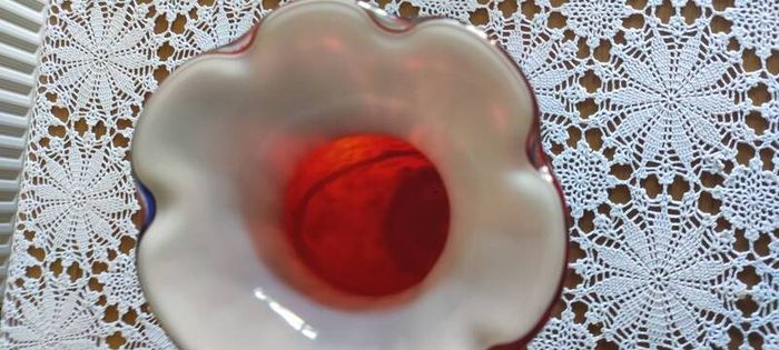 Large Murano Style Vase, Hand Blown Studio Art Glass, Iridescent Red & Gold & dark blue