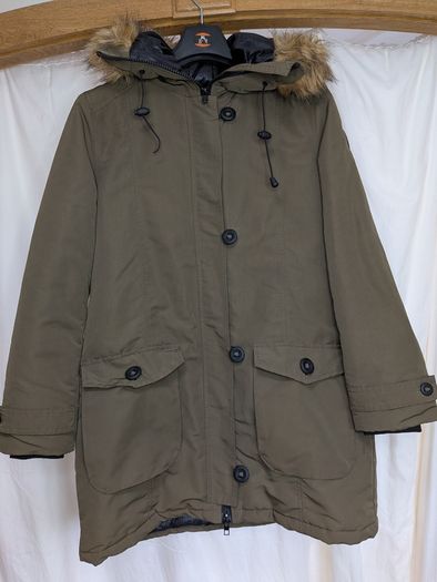 Brave Soul Womens Khaki Hooded Parka Coat Faux Fur Trim Size 12 Outdoor