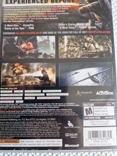 NTSC version Call of Duty World at War Xbox360 Games Original