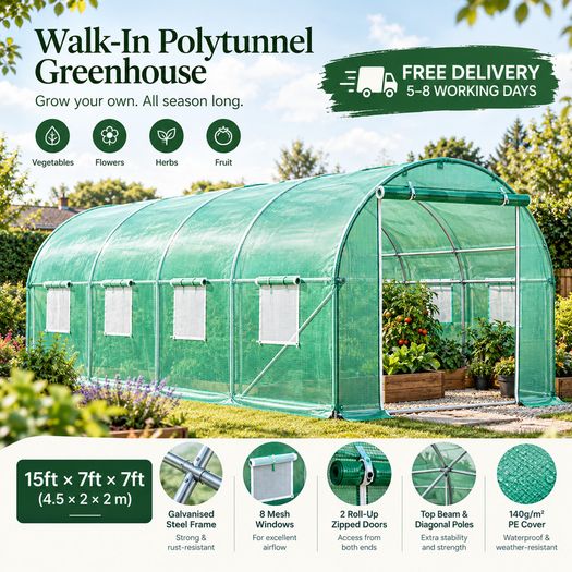 Large Walk-In Polytunnel Greenhouse 15ft x 7ft x 7ft  Galvanised Steel Frame, 8 Windows & 2 Zipped Doors Green
