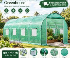 Large Walk-In Polytunnel Greenhouse 15ft x 7ft x 7ft  Galvanised Steel Frame, 8 Windows & 2 Zipped Doors Green