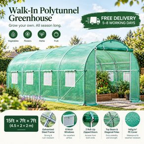 Large Walk-In Polytunnel Greenhouse 15ft x 7ft x 7ft  Galvanised Steel Frame, 8 Windows & 2 Zipped Doors Green