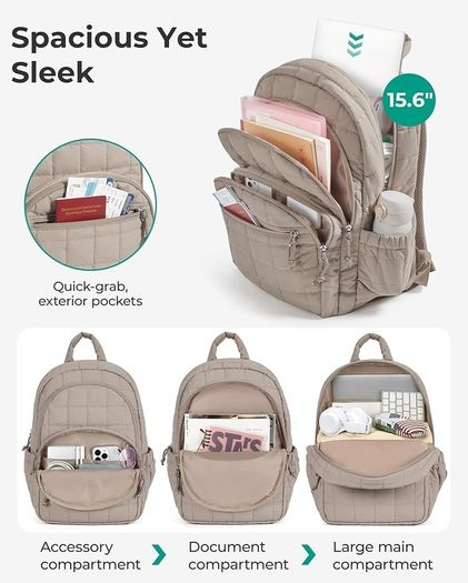 College Backpack Women, Travel School Bags Quilted Casual Daypack, Water-Resistant Rucksack Bag for Teenage Girls Boys Lightweight Bookbag for 15.6 Inch Laptop