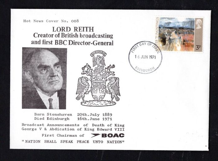 1971 Great Britain cover making the passing of Lord Reith Creator of British Broadcasting and First BBC Director General tying 3p definitive stamp