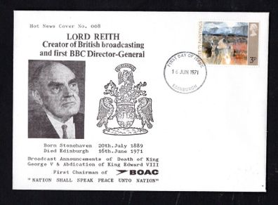 1971 Great Britain cover making the passing of Lord Reith Creator of British Broadcasting and First BBC Director General tying 3p definitive stamp