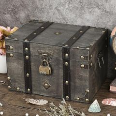 Wooden Vintage Treasure Chest Box with Lock, Decorative Souvenir Storage Box Keepsakes Storage Organizer Rectangle Jewelry Trinket Chest Grey Treasure Container XXL Size