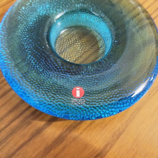 iittala light blue "button" Art Glass Candle Holder designed by Markku Salo  made in Finland 1980s