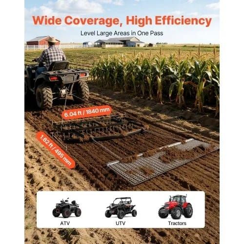 Drag Harrow, 6 ft Tow-Behind Driveway Grader with Chain Harrow, Adjustable Width & 80lbs Load Capacity, Heavy Duty Lawn Leveling Rake, Fits ATVs UTVs Tractors, for Gravel Driveway Field