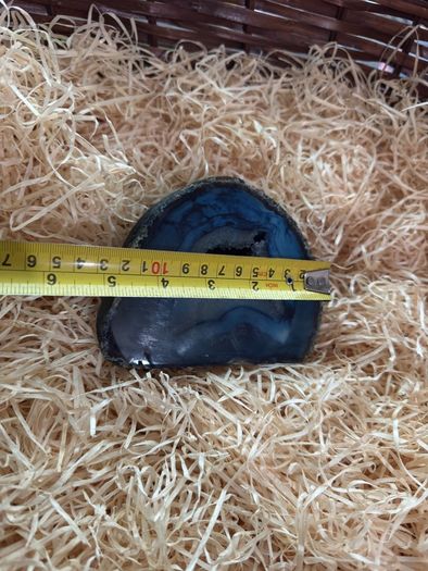 Polished blue agate geode slice.