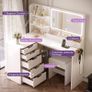 Dressing Table with Mirror, Corner Dressing Table with LED Lighting, Adjustable Brightness and Stool, Cosmetic Table with 5 Drawers, Socket, Hair Dryer Holder White Image 6