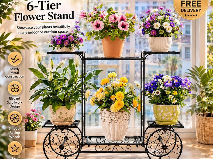 Decorative 6-Tier Metal Plant Stand with Wheels