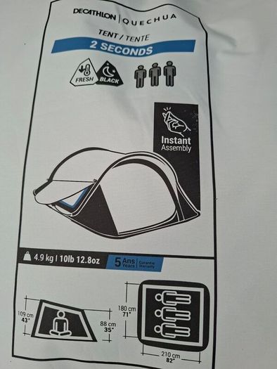 Decathlon- QUECHUA  Instant 3-person camping tent, 2 Seconds Fresh & Black