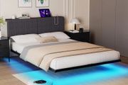 5ft King Bed Frame With USB Charging Station,Dark Grey Floating Bed Frame with Storage Headboard and LED Light,Upholstered Platform Bed Frame Double Size,Noise-Free Strong Slats