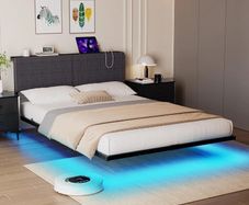 5ft King Bed Frame With USB Charging Station,Dark Grey Floating Bed Frame with Storage Headboard and LED Light,Upholstered Platform Bed Frame Double Size,Noise-Free Strong Slats