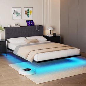 5ft King Bed Frame With USB Charging Station,Dark Grey Floating Bed Frame with Storage Headboard and LED Light,Upholstered Platform Bed Frame Double Size,Noise-Free Strong Slats