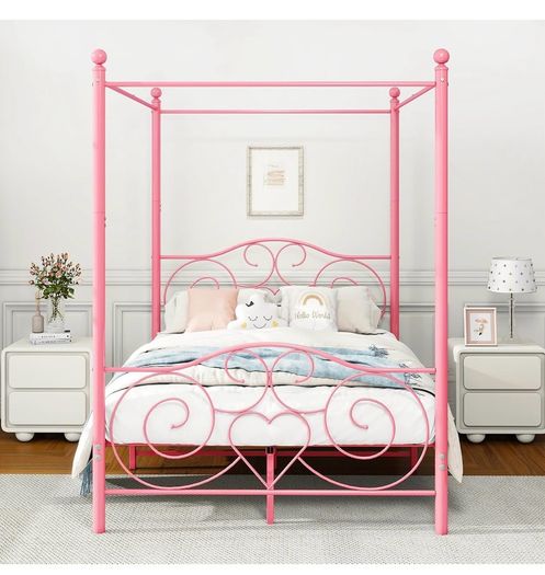 Double Canopy Bed Frame with Vintage Headboard & Footboard, Pink 135x190cm Double Canopy Bed Frame, 4ft6 Heavy Duty Metal Bed, Heart Scroll Headboard & Footboard, Steel Slats for Bedrooms