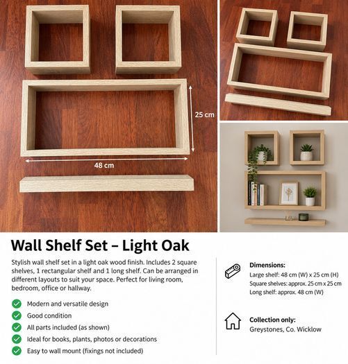 Set of 4 Floating Wall Shelves Light Oak Effect - Greystones