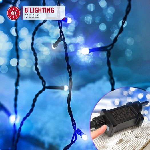 Icicle Lights 2000 LED Outdoor Christmas Lights 60M Lit Length, with Timer and 8 Modes - Blue/Cool White