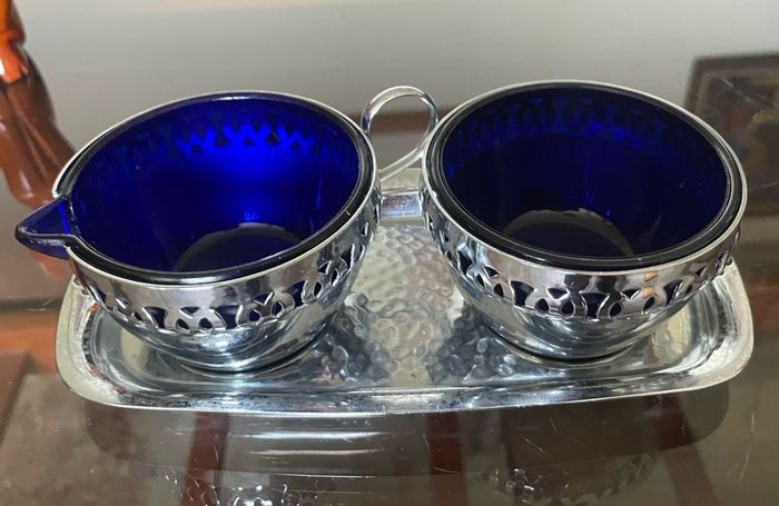 Vintage Silver Chromed Metal Cobalt Blue Glass Sugar and Creamer Set Serving Tray