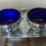 Vintage Silver Chromed Metal Cobalt Blue Glass Sugar and Creamer Set Serving Tray Image 3